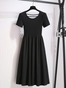 Black Short Sleeve T-Shirt Dress Womens Summer New Design Fishbone Waist Cinching Backless Hepburn Style Long Skirt