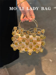 French niche high-end hollow diamond shiny flower metal ring hand-woven beaded bag crossbody bag for women
