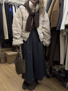 High Waist Wide Leg Pants Womens Plaid Woolen Straight Cut Loose Slimming Casual Trousers Elastic Waist Spring Autumn