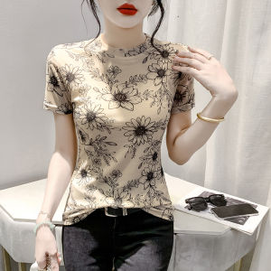 REHIN New Summer Fashion Retro Print Mesh Short Sleeve T-shirt Round Neck Slim-Fit Chic Elegant Womens Top