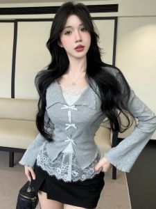 GUZILIAN | Chic Bow V-Neck Long Sleeve T-Shirt Lace Undergarment