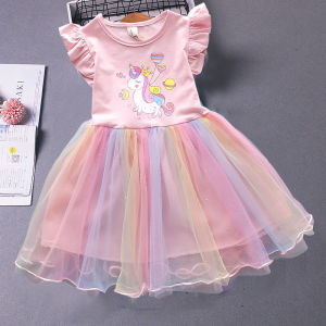 ชุดเดรสผ้าฝ้ายทรงเอแขนสั้นสำหรับเด็กผู้หญิง ชุดเจ้าหญิงฤดูร้อน ชุดเดรสผ้าตาข่ายสีรุ้ง ชุดเด็กผู้หญิงวันเกิด ชุดเด็กผู้หญิง