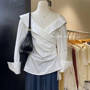 Nữ Áo Sơ Mi Dài Tay Mùa Thu Mới Thiết Kế Gấp Gọn Vòng Eo Ngắn Mỏng Áo Xếp Ly Góc Vai十三行小心机