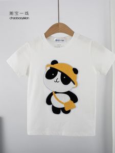 Cute Embroidered Panda Pattern Pure Cotton Short Sleeve T-Shirt for Boys And Girls Spring Summer Childrens Base Layer Shirt