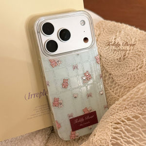 Korean Glitter Lattice Cartoon Bear Phone Case For iPhone 17 Air 16 15 14 13 12 11 Pro Max XS XR X 8 Plus Shockproof Hard Cover