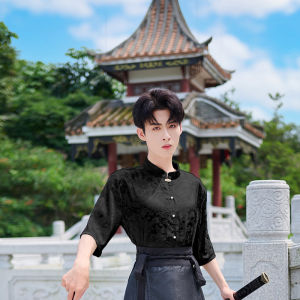 Original Hanfu Mens New Chinese Style Gold Embroidered Horse Tail Skirt Large Size Floral Short Sleeve Set Ancient Costume Summer