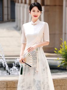Elegant White Midi Dress Chinese Style Young Womens New Version Qipao High Waist A-Line Skirt Floral Pattern Short Sleeve
