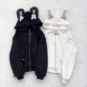 Japanese Jirai Kei Jacket Sweet Lolita Coat Women Y2k Aesthetic Pearl Lace Rabbit Ears Jacket Casual Harajuku Kawaii Hoodie Top