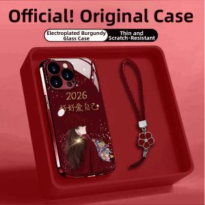 PINFEI | New Year Style Womens Painted iPhone Case With Tempered Glass Premium Wine Red With Strap