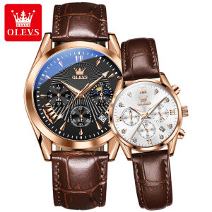 OLEVS Couple Watch For Boyfriend And Girlfriend Original Waterproof 2022 New Fashion Multifunctional Chronograph Genuine Leather Watch