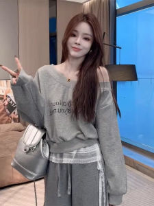 YUEZHONGWEI | Design Letter Printed Grey Shoulder-cut Sleeve-long Hoodie