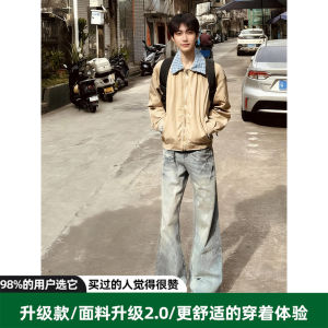 American Street Lightning Pattern Mens Jeans Vintage Washed Straight Casual Long Trousers Autumn Fashion Brand mid Waist Zipper
