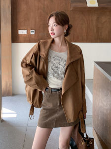 Browan Fashionable Sweet Cool Style Suede Jacket Womens New Autumn 2025 Large Female Motorcycle Jacket Loose Fit Zipper