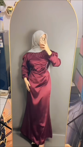 [Vina Dress Spesial Burgundy] Gaun Pesta Kondangan Viral Duyung Baju Wanita Kekinian Bridesmaid Gamis Satin Modern