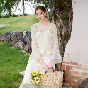 XIANGYING | French Lace Hem Lazy Style Thin Blouse Set