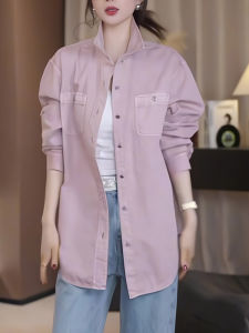Summer 2025 Womens Loose Fit Double Pocket Polo Collar Denim Shirt Fashionable Pink High End Casual Slimming Top for plus Size