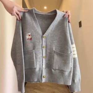 Sweet Bear Embroidery Knitwear Cardigan Womens Autumn Winter Soft Cozy College Style Loose Fit Long Sleeve V-Neck Button up