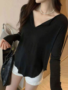 Loose Long Sleeve Womens T-shirt Casual V-Neck Half Open Design Spring Summer Autumn Black Bottom Shirt Lazy Sun Protection