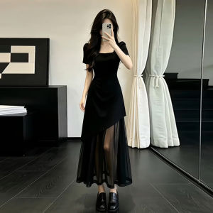 LIRUSHAN | French Collar Black Short Sleeve Mesh Non-Repeated Design Long Waist-Cinched Dress