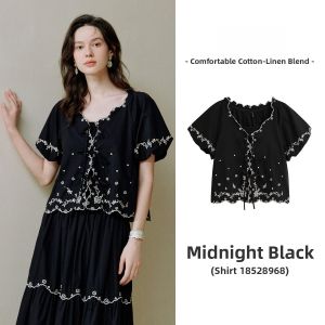 INMAN | Inman Retro Embroidered Belted Shirt Set Women Summer 2025 New Holiday Style Bubble Sleeve Elegance Blouse Casual Loose Fit Cotton Short Sleeve V-neck