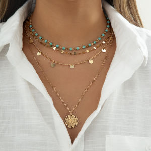 Ingemark | 4Pcs/Set Boho Stone Flower Plate Pendant Choker Necklace for Women Vintage Gold Color Adjustable Chain Aesthetic Jewelry Gift