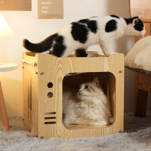 Stackable Cat Villa Cat House DIY 2 In 1 Wooden Cute Cat Bed With Hammock Square Cat Box 叠加猫窝