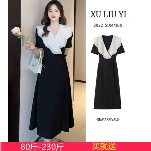 plus Size Long Dress French Style Slimming Summer New Arrival Big Sisters Clothes Korean Style Commute Loose Fit Belt Detail