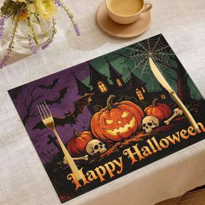 VIKAMA 2/4/6PCS Halloween Meal Mat Pumpkin Ghost Bat Black Cat Castle Skeleton Table Mat Absorbent Non slip Table Decoration