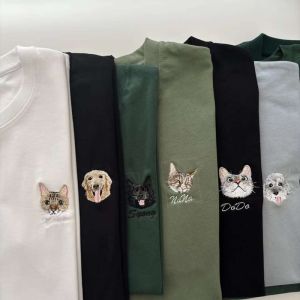 HATELI Custom Pet Photo Embroidered Tshirt Personalized Pet Face and Pet Name Custom Pet Cartoon Dogs Cats Mom Dad Three-dimensional Embroidery T-shirt