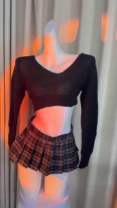 🫰🏻 Sweetie Store 🫰🏻 [ READY STOCK ] Women Uniform Students Plaid Skirt Low Neck Sweater Suit Pleated Skirt