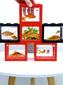 Aquarium Mini Ikan Hias Cupang Akrilik Lego Block Akuarium Mini Acrylic USB LED Warna Aquarium Susun Dengan Lampu LED