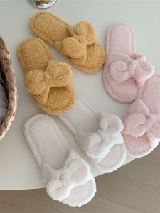 Thin Strips Japanese Style Plush Bows Cotton Slippers Womens Autumn and Winter Sweet Home Non-Slip Stuffed Flip Flops