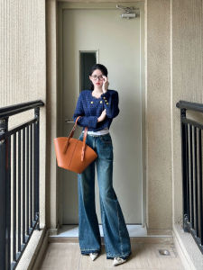 American High Street Retro Bell Bottom กางเกงยีนส์ ผู้หญิง หลวม สูง เอว หลวม ขากว้างบาง ความยาวพื้น กางเกงขายาว อินเทรนด์