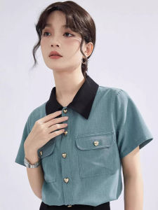 Áo Sơ Mi Cổ Bẻ Tay Ngắn Màu Tương Phản Cổ Trái Tim Cổ Điển Dành Cho Nữ Áo Sơ Mi Công Sở Thời Trang Áo Chui Đầu Ôm Vừa Vặn Áo Chui Đầu Thường Ngày