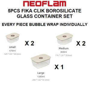 Neoflam Fika Clik Borosilicate Glass Container Set (5 containers rectangle total) Best Value Bubble Wrap Packaging Whole Set