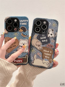 เคสโทรศัพท์หนังลายยีนส์สีน้ำเงินสุดเก๋สำหรับ iPhone 17/16/15 พร้อมรูปแมวและสุนัข ดีไซน์น่ารัก ป้องกันการตกหล่น สำหรับผู้หญิง
