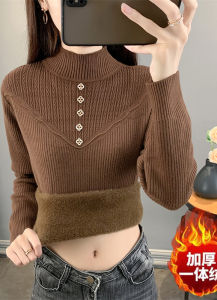 เสื้อสเวตเตอร์คอปกสั้นแบบหนาสำหรับผู้หญิงในฤดูใบไม้ร่วงและฤดูหนาว เสื้อชั้นในถักแบบหนา ผ้าขนแกะผสมโพลีเอสเตอร์ เสื้อคลุมกันหนาวแบบสวมหัว