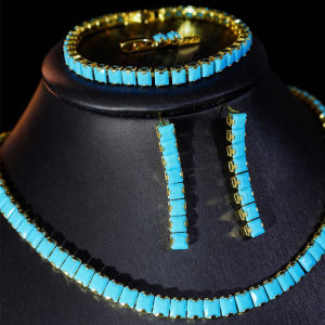 SEQUITO Luxury Brides Clothes Accessories Pave Setting Square Blue AAA Cubic Zirconia Delicate Drop Earrings Chain Necklace Bracelet Jewelry Set SJ463