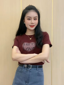 Pure Cotton Shoulder Short Sleeve T-Shirt Womens Silm Slim Looking All-Matching Printed Tops Summer round Neck Burgundy T-shirt under Shirt