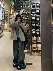 Quần Jeans Ống Thẳng Cạp Cao Rộng Rộng Retro Washed Quần Dài Đến Sàn Cho Nữ Quần Jeans Denim Mỹ Phong Cách Thu Đông