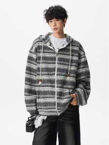 OULUDE | Hooded Striped Contrast Knit Sweater Mens Fashion Casual Jacket