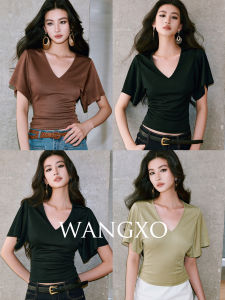 WANGXO | Sleek Minimal V-Neck Wrinkle Acetate Flattering Sleeve T-Shirt Top
