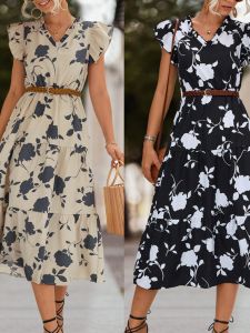 ชุดเดรสกระโปรงทรงเอเอวสูงทรงหลวมพิมพ์ลายคอวีสำหรับผู้หญิงในช่วงฤดูร้อนปี 2024 แขนสั้นพิมพ์ลายแฟชั่นสุดเซ็กซี่