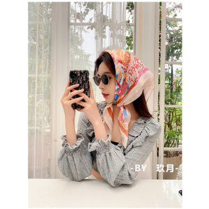 Bright Pink Floral Scarf Desert Beach Photo Decoration Small Silk Scarf Ins Hairband Tube Top Waist Belt Korean Style Square Scarf