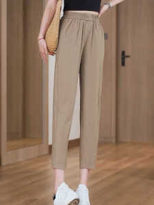 กางเกงขายาวผ้าไหมน้ำแข็งสำหรับผู้หญิง ทรงหลวม ทรงสลิมฟิต ทรงเอวสูง ทรงเก้าส่วน กางเกงขายาวทรงฮาราจูกุ แห้งเร็ว