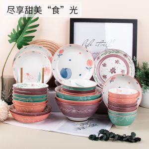 New Ceramic Bowl Home Multi-use Bowl Noodles Soup Dish Set Fresh Style Underglaze Color Porcelain round Plate Salad Dish Plate