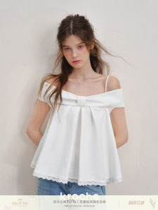 เสื้อเชิ้ตแขนกุดคอวีทรงหลวมสไตล์ย้อนยุค Kroche ผ้าฝ้ายสแปนเด็กซ์ผสม ผูกโบว์ ทรงเอ ทรงเข้ารูป สำหรับผู้หญิง