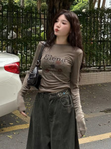 plus Size Womens Grey Print Slim Fit Long Sleeve T-Shirt Inner Wear Base Layer Top plus Size Fashion 2025 Early Autumn