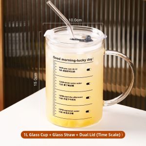 Heat Resistant Glass Cup with Handle and Straw Lid 1000ml