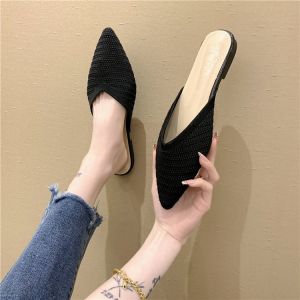 Knitted Open-Toe Mules Womens Summer Outwear Lazy No-Back Slippers Korean Style Hollow out Flat Heel Rubber Bottom Shoes